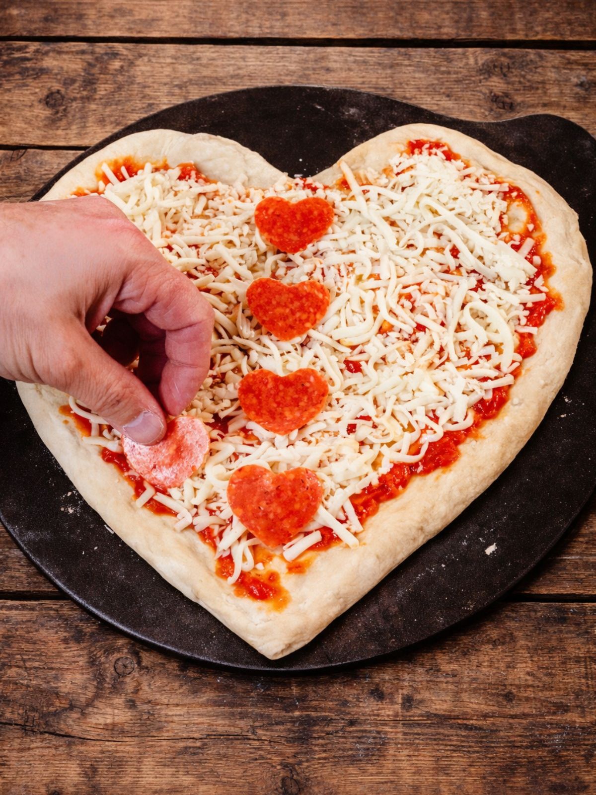 Adding heart shaped pepperoni to the top of unbaked pizza on pizza stone.