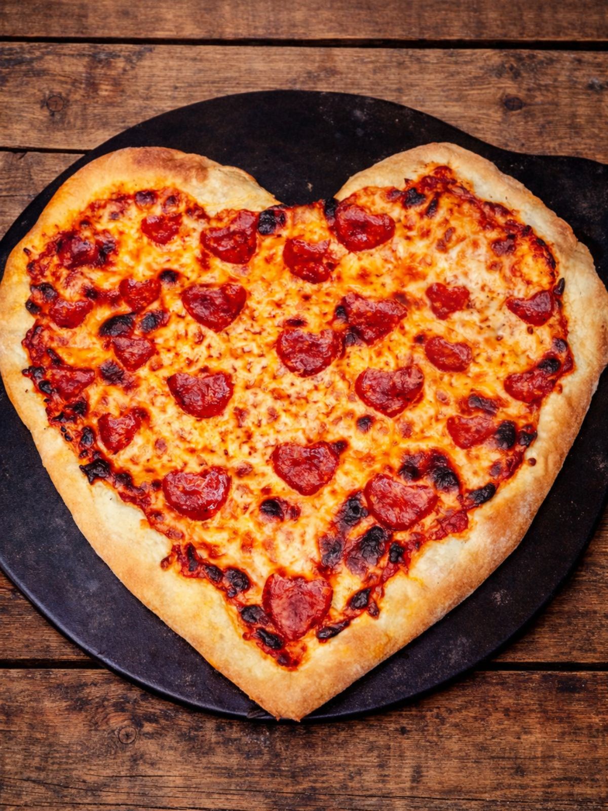 baked heart shaped pizza on pizza stone.