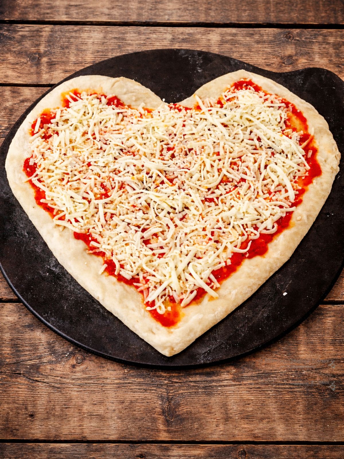 pizza with homemade tomato sauce, shredded mozzarella ready for the oven.