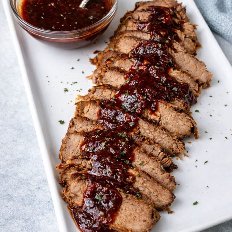 slow cooker brisket on white platter.