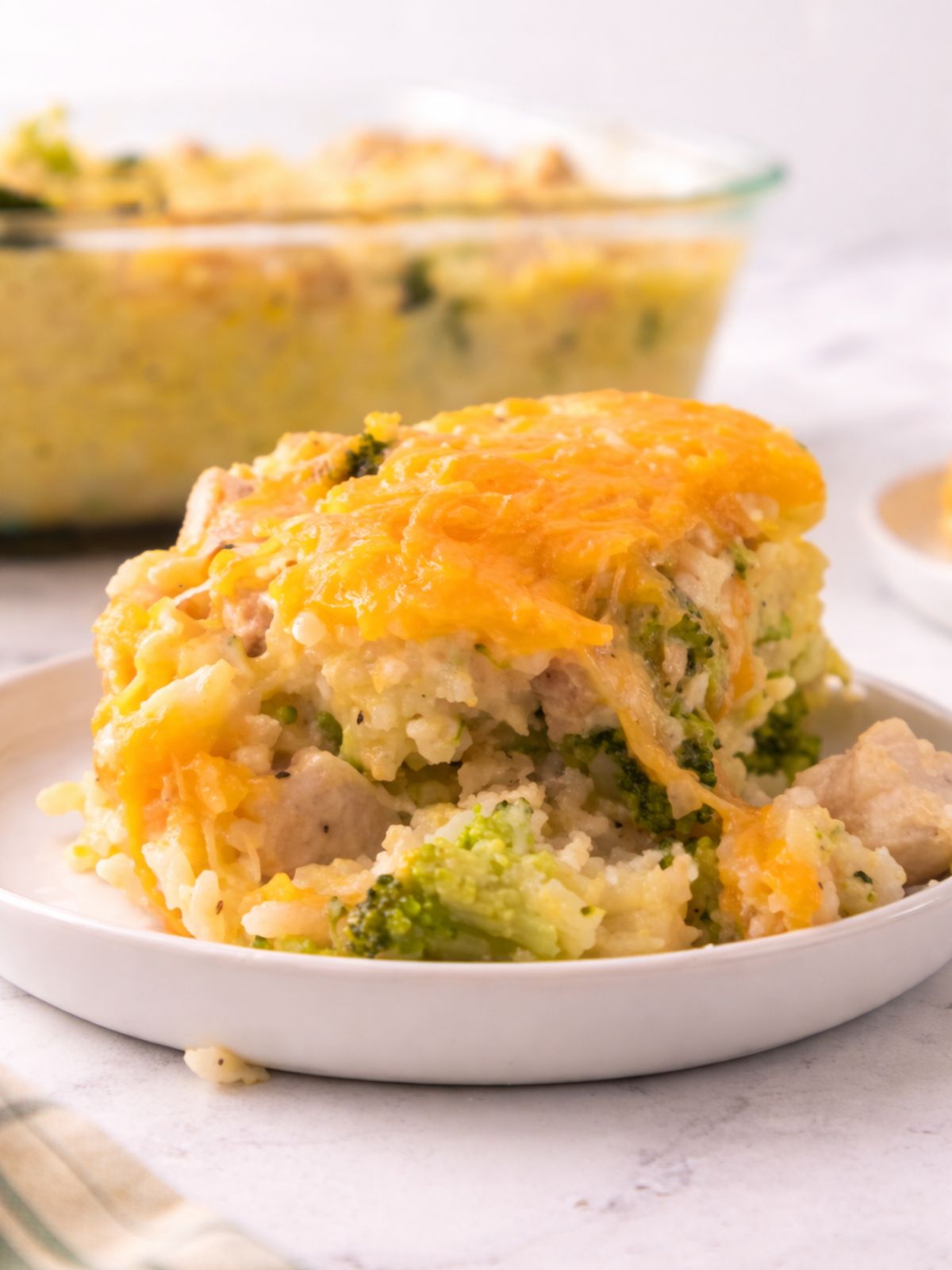 closeup of chicken broccoli casserole on plate.