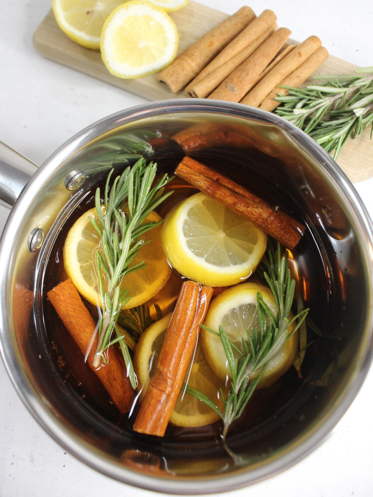 Overhead view of a medium pot filled with Spring Summer Simmering Potpourri.