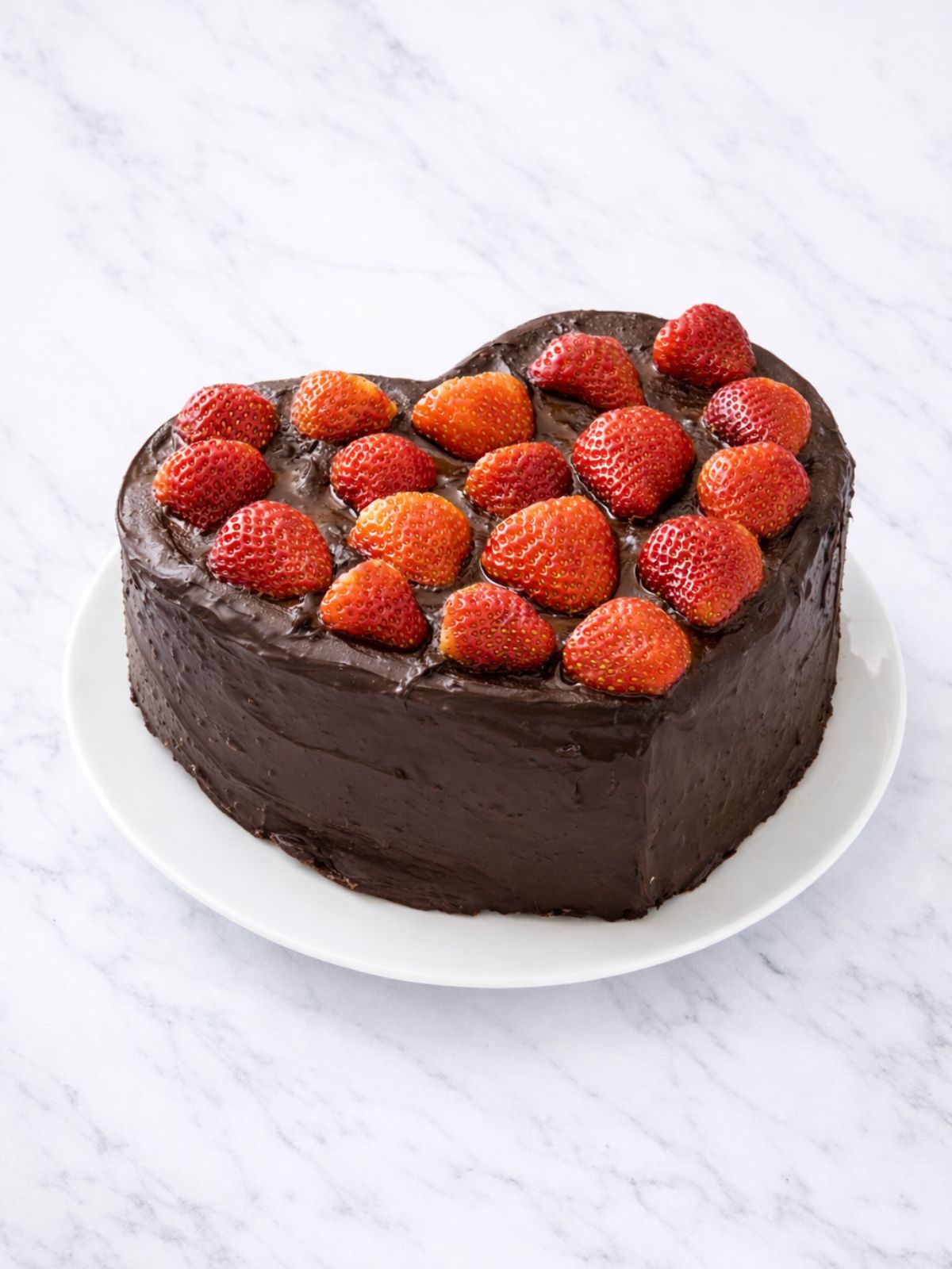 heart shaped cake frosted and with strawberries on white plate.