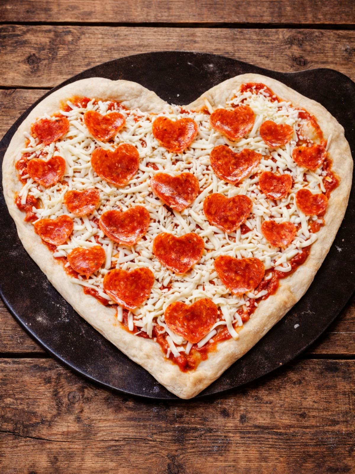 unbaked pizza with heart shaped pepperoni on top of baking stone.