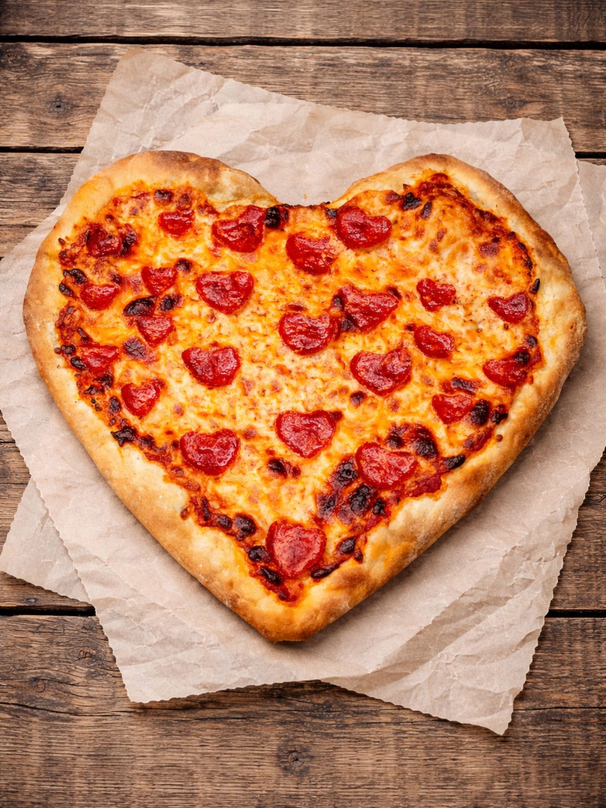 Homemade Heart Shaped Pizza is the perfect way to celebrate Valentine's Day with your husband and family. It's easy to make and delicious too from Walking on Sunshine Recipes. baked pizza with heart shaped pepperoni on parchment paper.