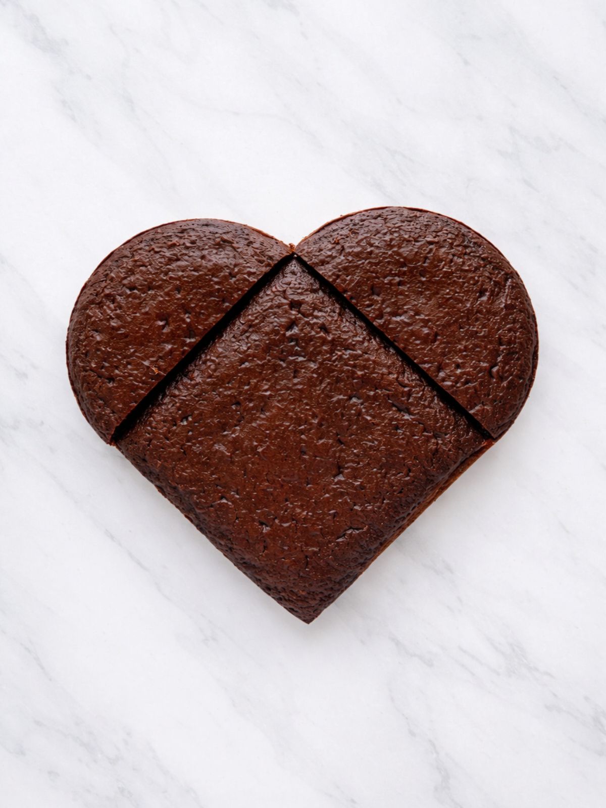 pieces of round baked chocolate cake pressed together with square baked cake to form a heart shaped cake.