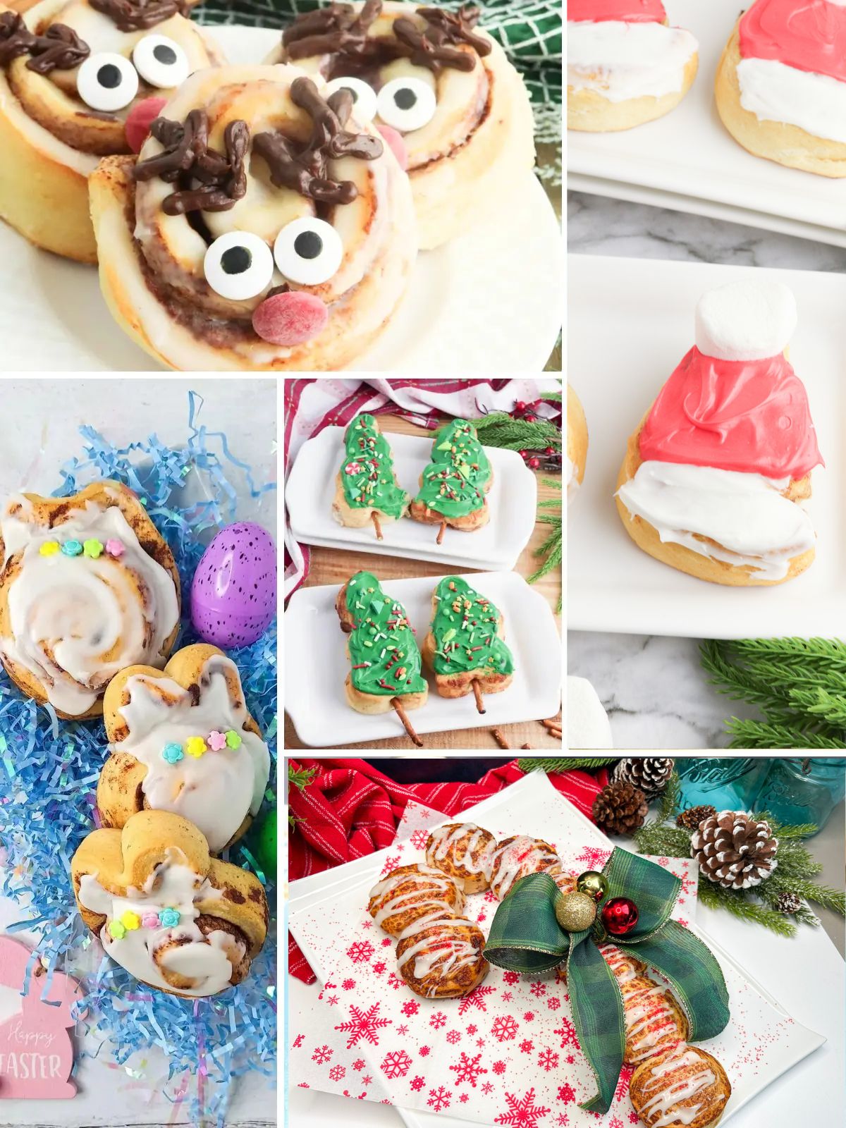 a collage photo of different shaped cinnamon rolls made with Pillsbury refrigerated cinnamon rolls.
