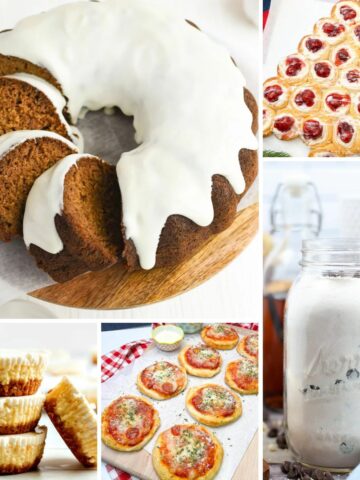 pumpkin bundt cake, cheesecake cupcakes, mini pizzas, muffin mix and Christmas tree danish in collage photo.