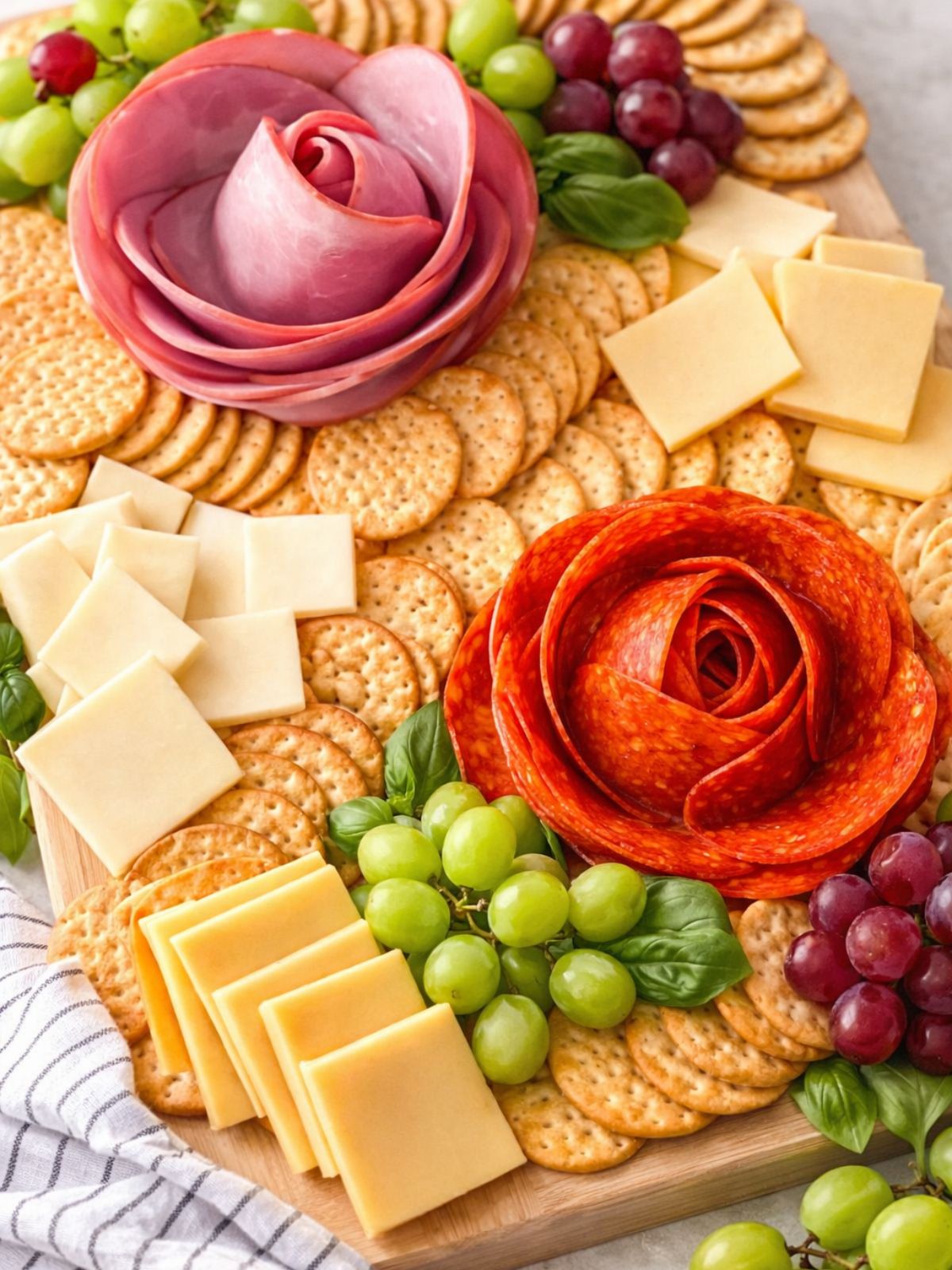 Charcuterie board with pepperoni rose and ham rose surrounded by crackers, cheese, grapes, and basil.