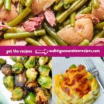 Collage of Easter side dishes including green beans with potatoes, roasted Brussels sprouts, cheesy mashed potatoes, and a vegetable casserole with crispy topping.