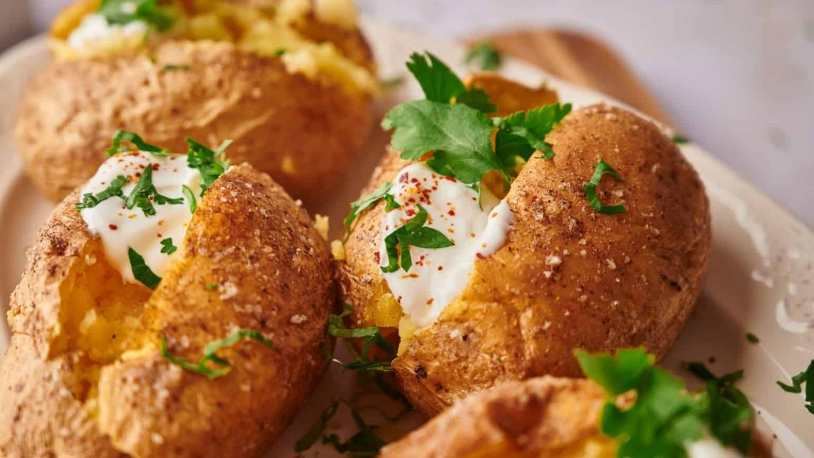 Baked potatoes on a serving dish with sour cream and fresh parsley.