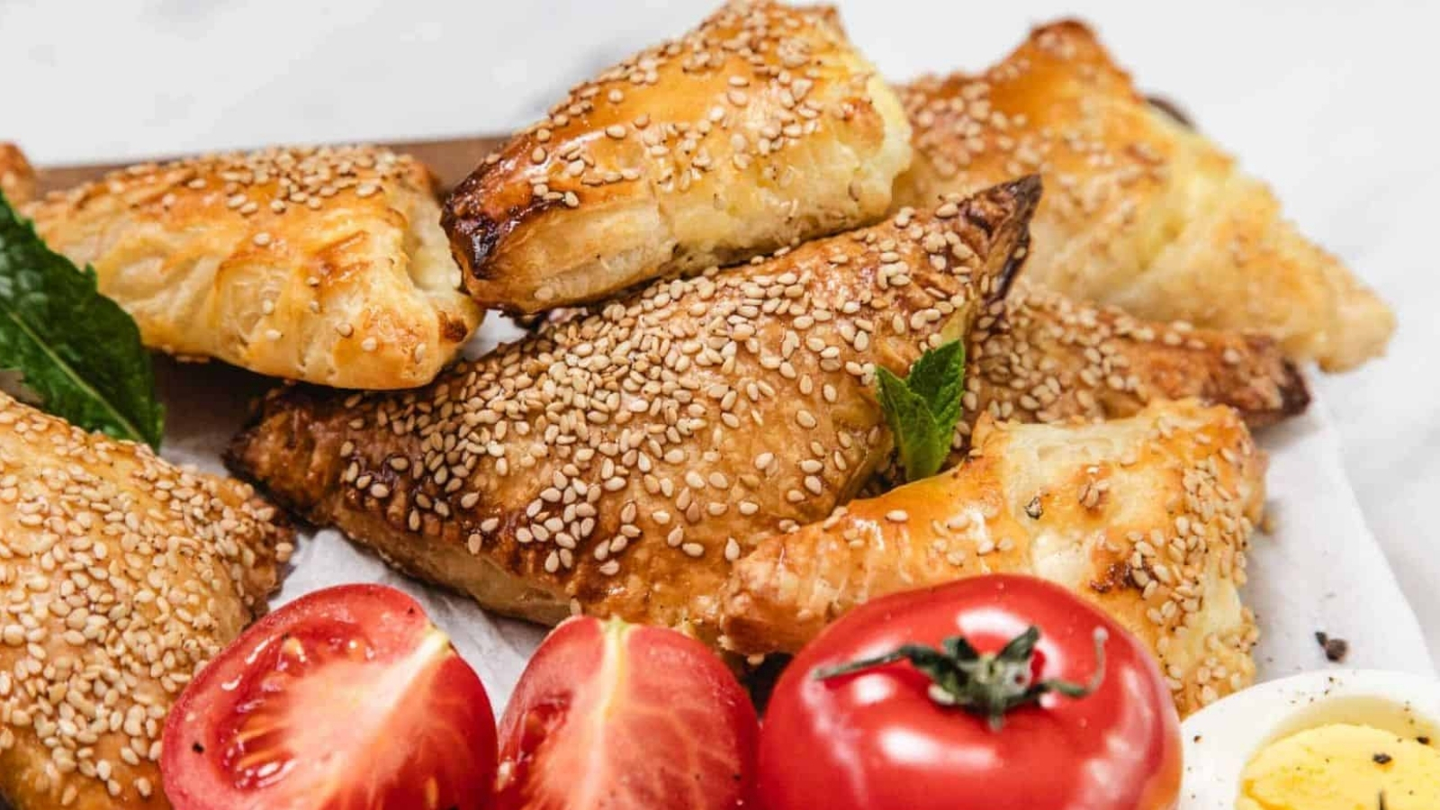 A close-up of golden, sesame-topped pastry triangles on a tray, served with fresh tomato halves and a sliced boiled egg.