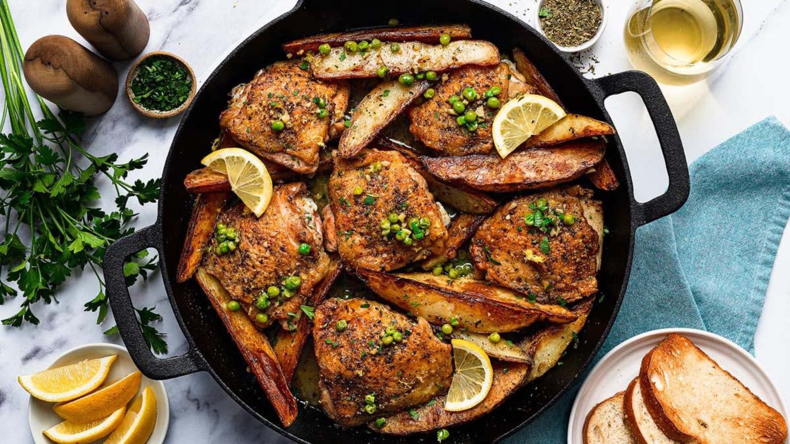 Roasted chicken pieces with potatoes and lemon slices in a shallow pan.