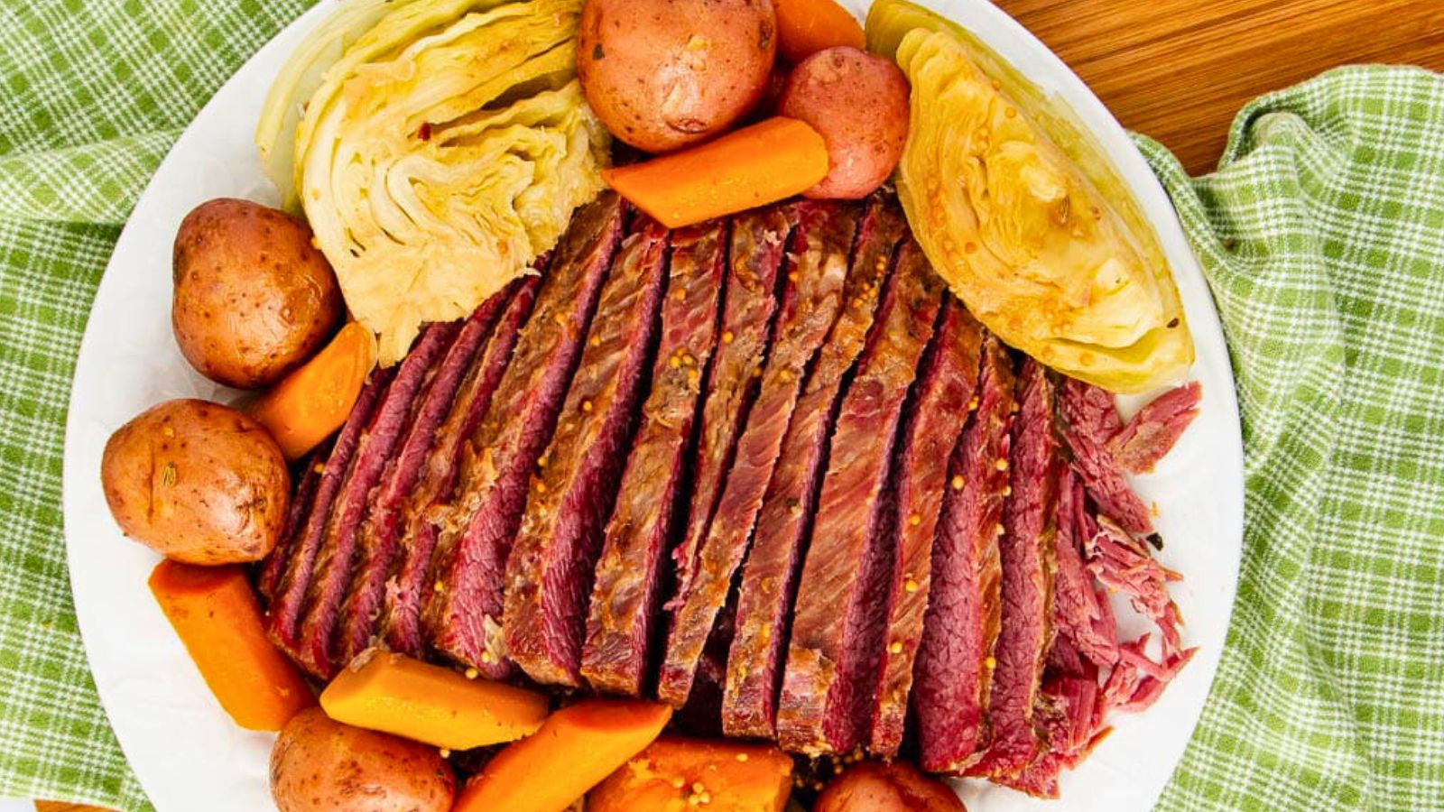 Slow cooked corned beef brisket sliced on a platter with tender cabbage, carrots, and potatoes, served straight from the crock pot.