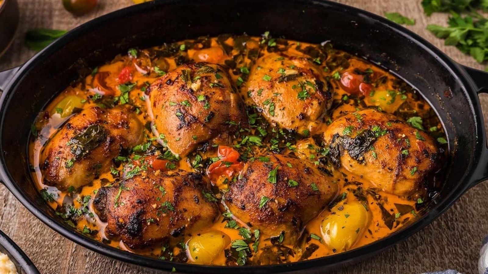 Six browned chicken thighs in a black oval baking dish filled with orange-colored sauce, cherry tomatoes, and chopped herbs.