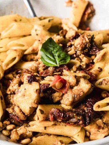 A bowl of tofu pasta bake.