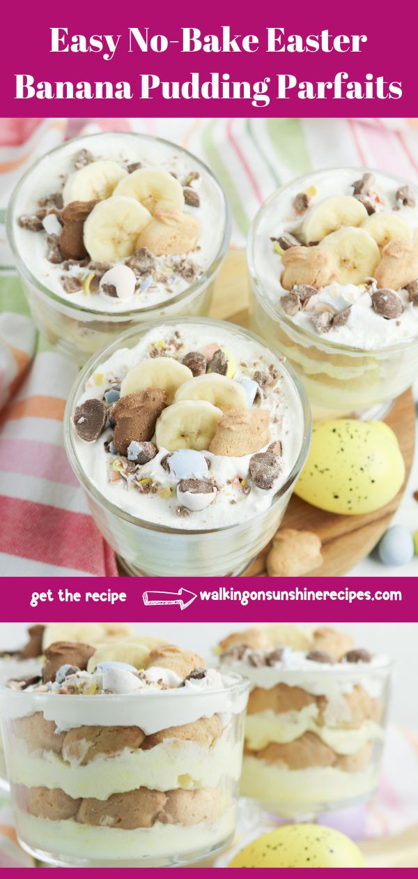 Individual Easter banana pudding parfaits layered with vanilla pudding, bunny grahams, banana slices, whipped topping, and mini chocolate eggs in glass cups.