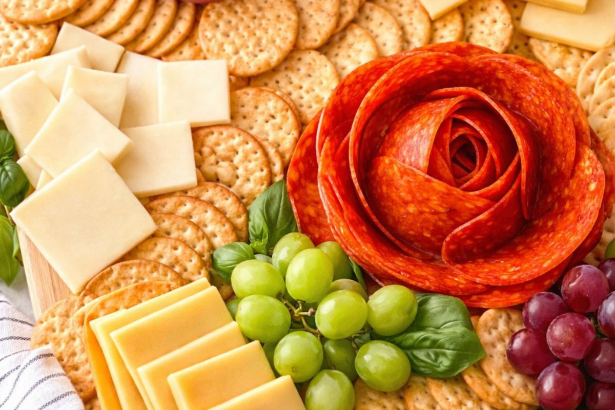 Pepperoni slices shaped into a rose on a charcuterie board with crackers, cheese, and grapes.