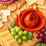 Charcuterie platter with meat roses made from pepperoni arranged with crackers, cheese, grapes, and basil.