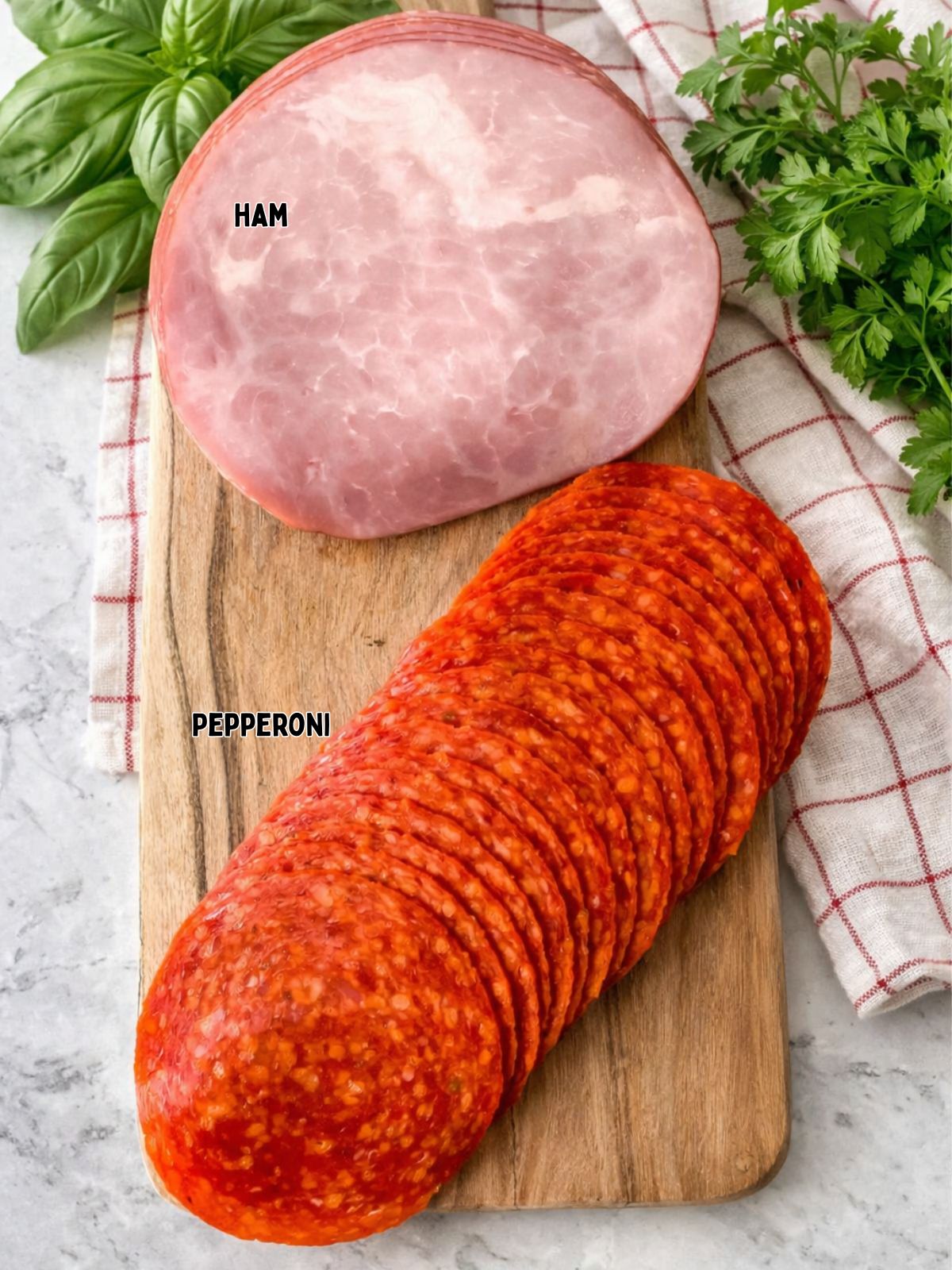 Ingredients for making meat roses with sliced ham and pepperoni on a cutting board.