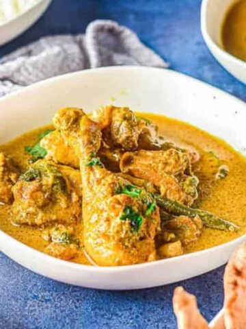 Low angle shot of bowls of chicken korma.