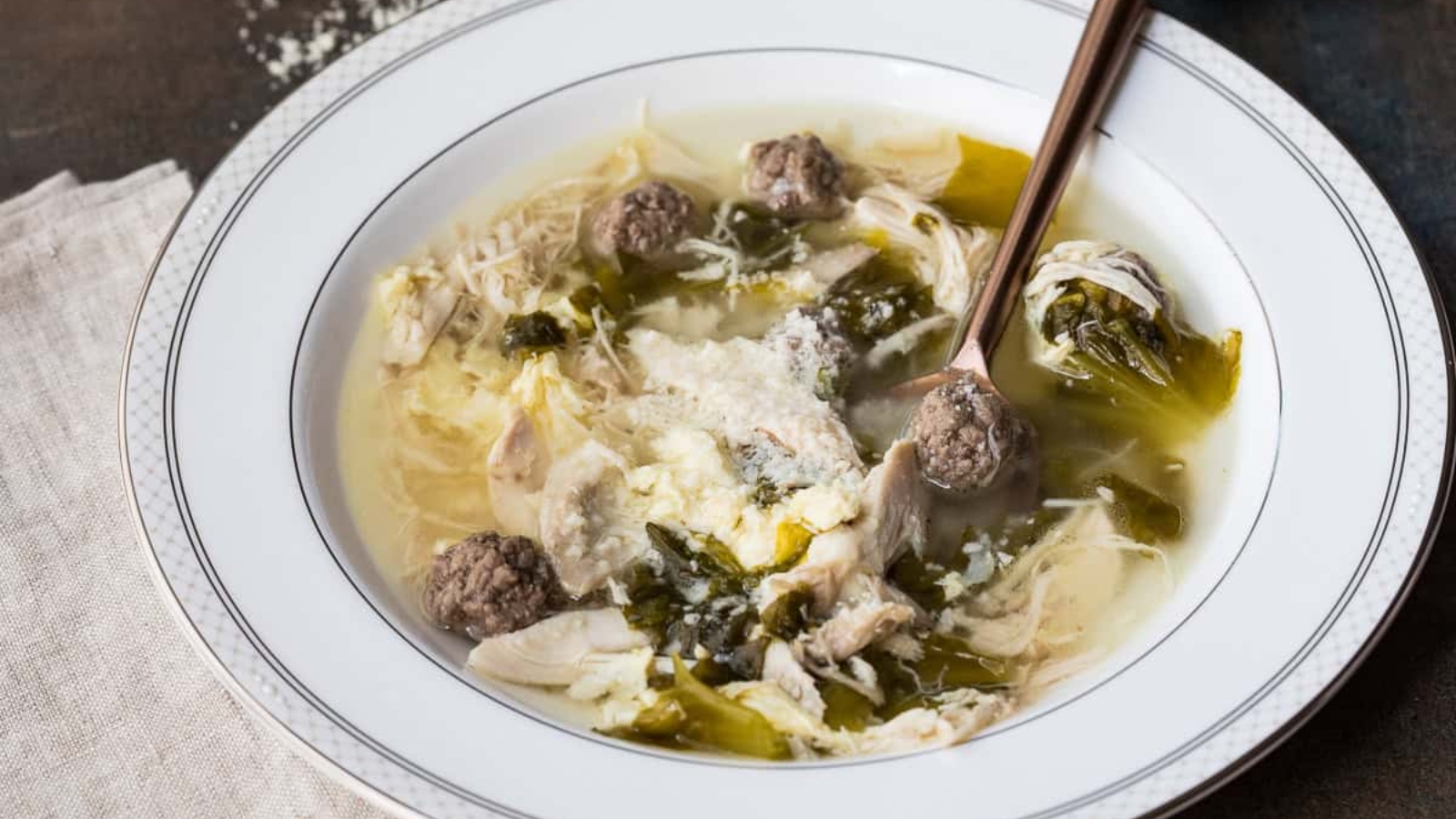 A bowl of Italian Wedding Soup.