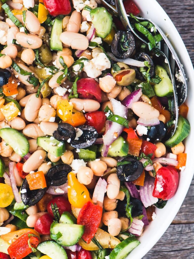 Mediterranean Greek Salad in white bowl.