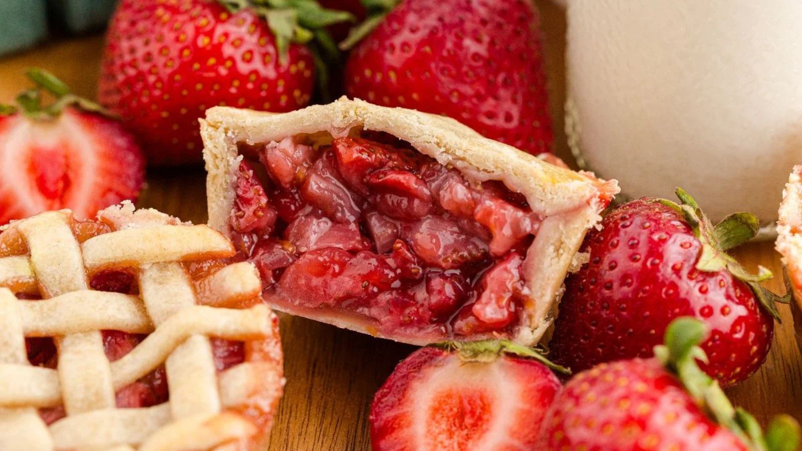 A bitten mini strawberry pie with visible filling sits on a wooden surface beside whole and halved strawberries.
