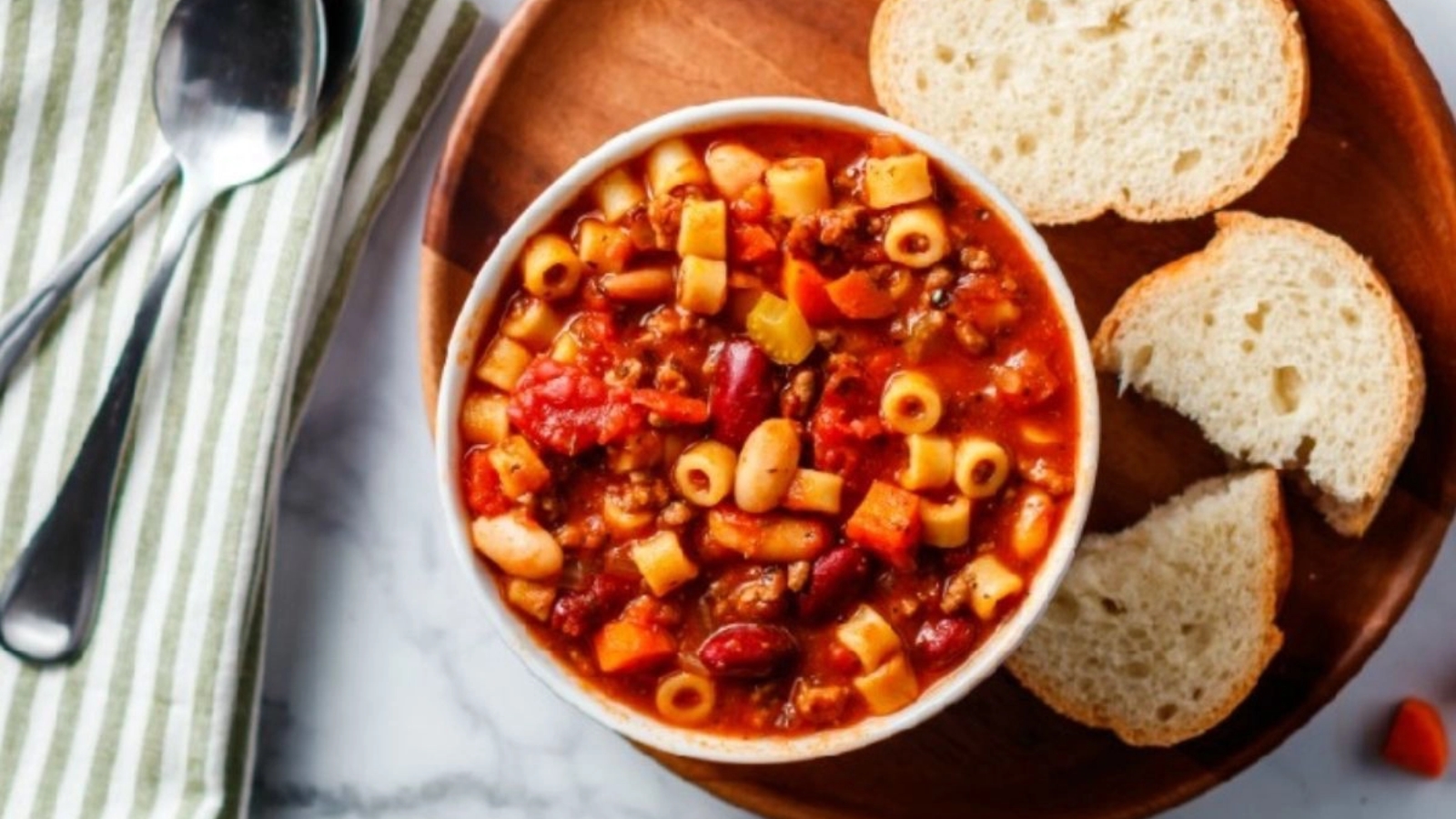Pasta fagioli in a bowl.