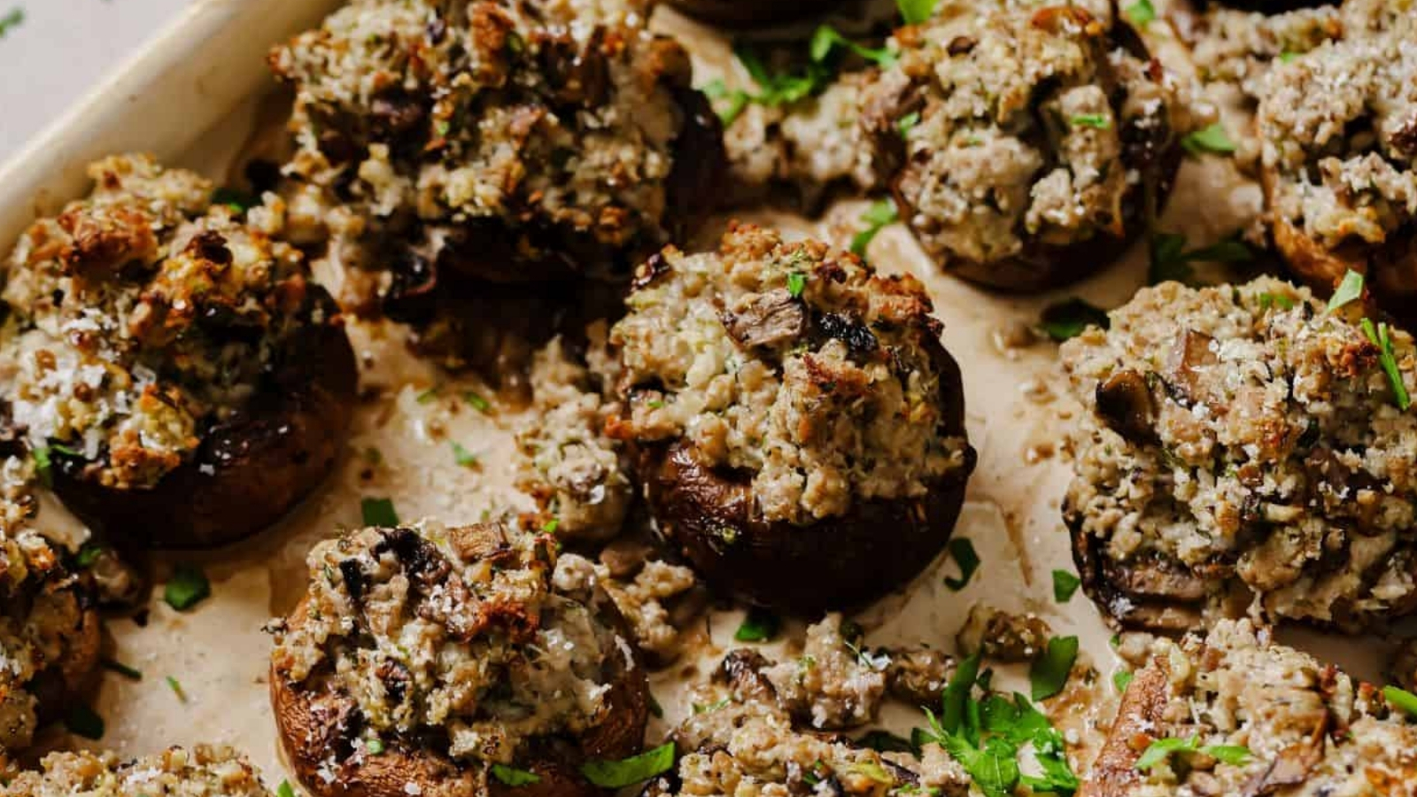 Stuffed mushrooms on a serving tray.