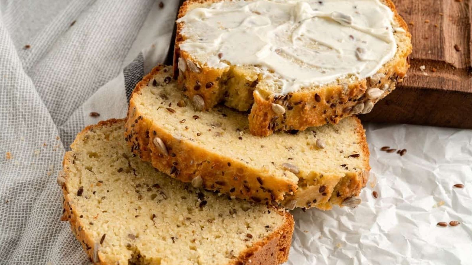 Seed bread on a cutting board.