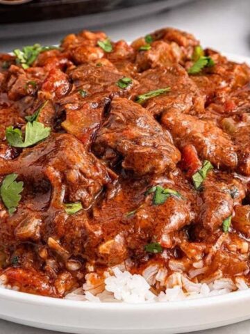 Chunks of beef in a thick curry sauce in a bowl.