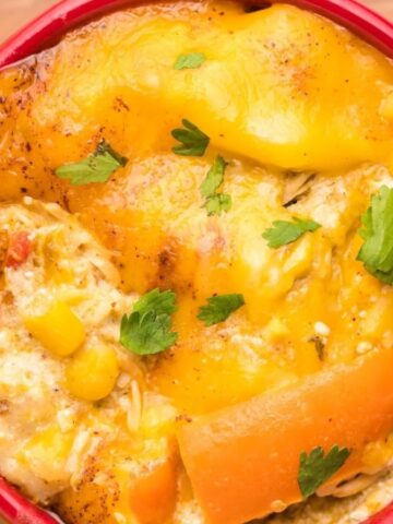 Slow cooker chicken enchilada casserole topped with melted cheese and fresh cilantro in a red bowl.