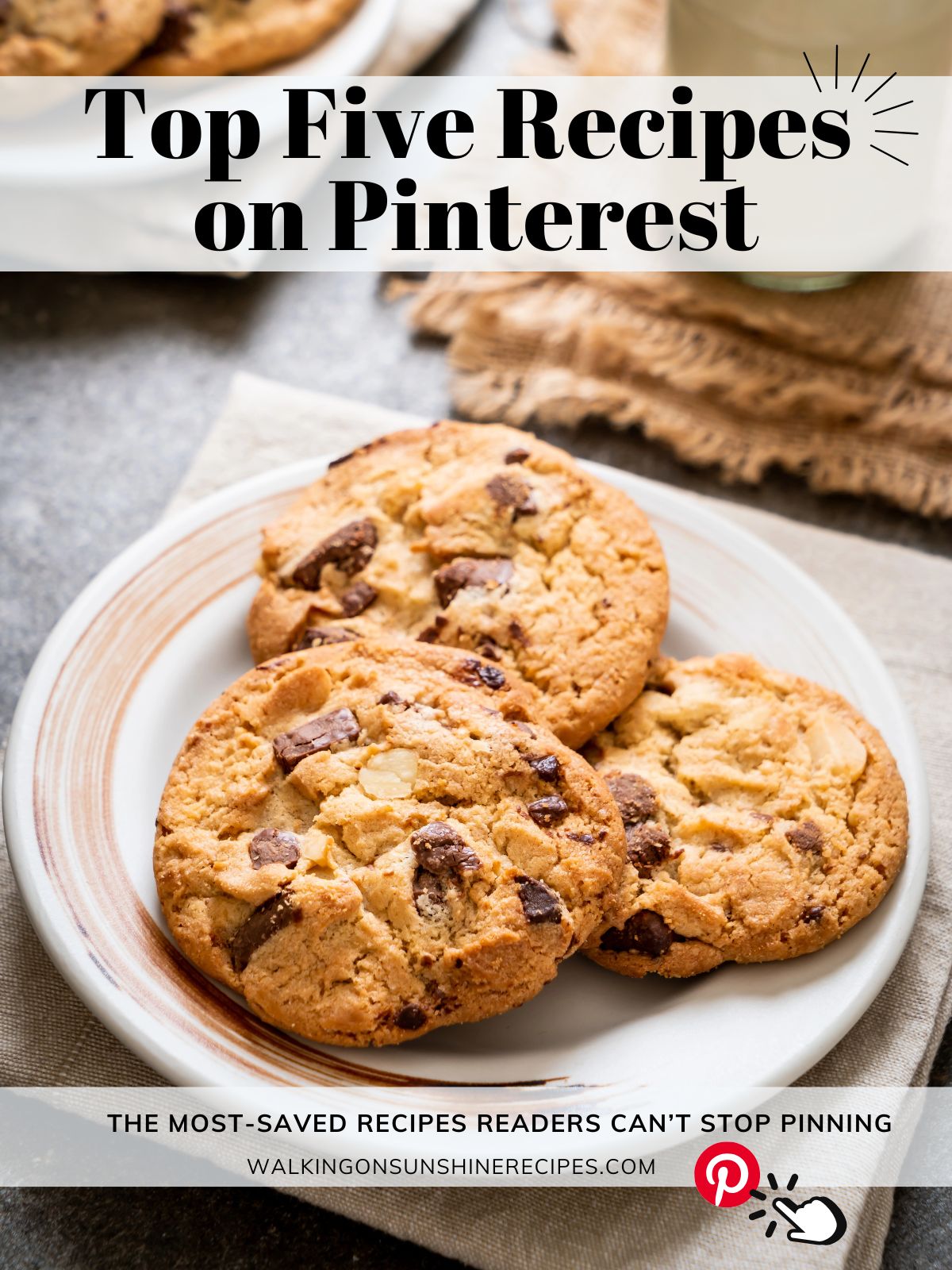 Top five recipes on Pinterest page hero image with plate of cookies.