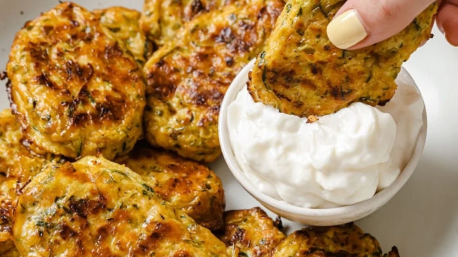 A zucchini bite being dipped into a dipping sauce.