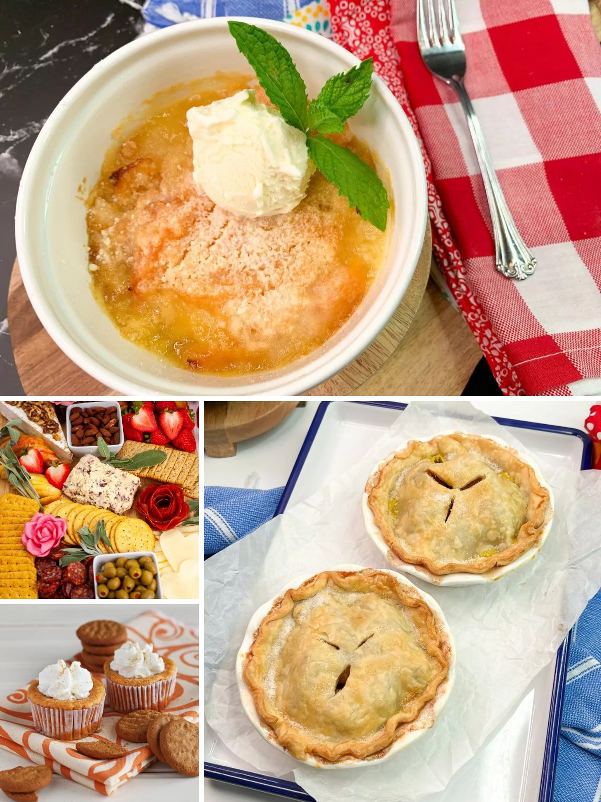 Collage of desserts for two including a baked fruit dessert with ice cream, charcuterie board with sweets, mini pies, and small cupcakes topped with whipped cream.