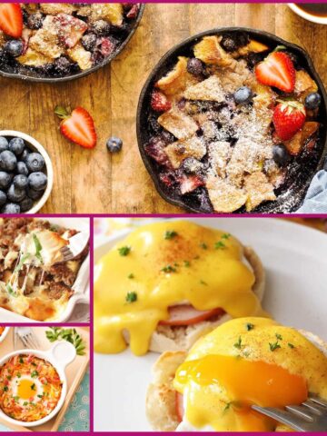 four different breakfast recipes for two people.
