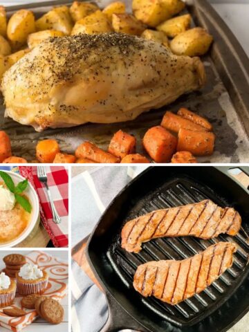 collage photos of recipes created to serve two people including dessert and main meal.