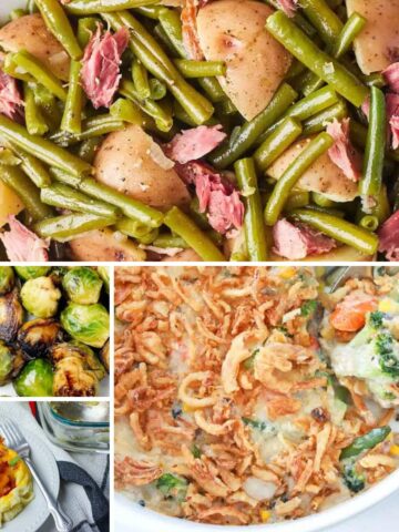 Collage of side dishes for Easter dinner featuring vegetables, potatoes, and casseroles.