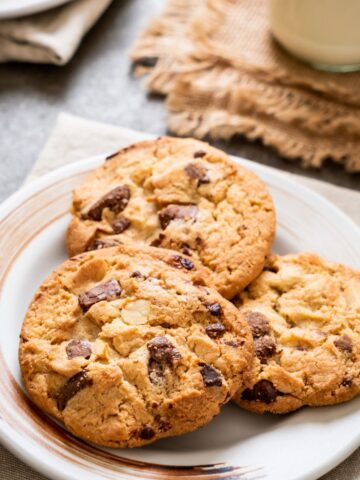 chocolate chip cookies on plate.