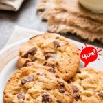 plate of chocolate chip cookies with text overlay for Pinterest.