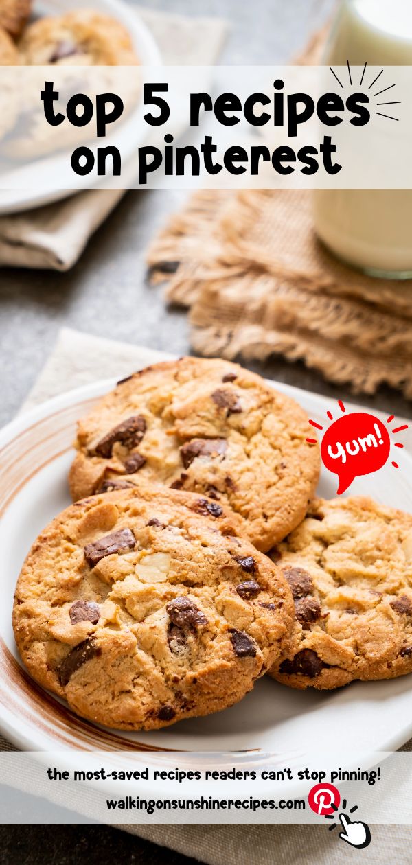 plate of chocolate chip cookies with text overlay for Pinterest.