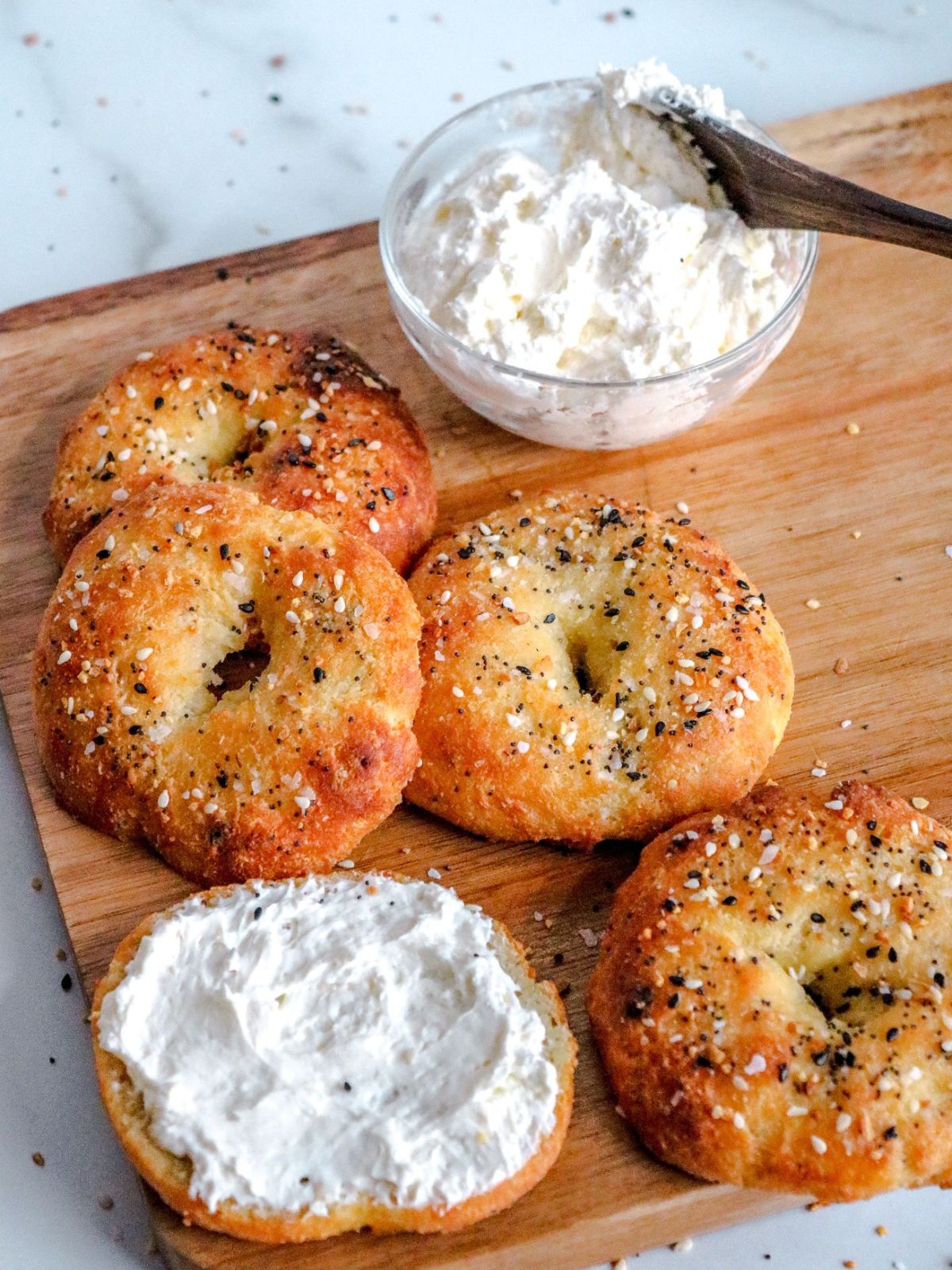 homemade Greek yogurt bagels with cream cheese.