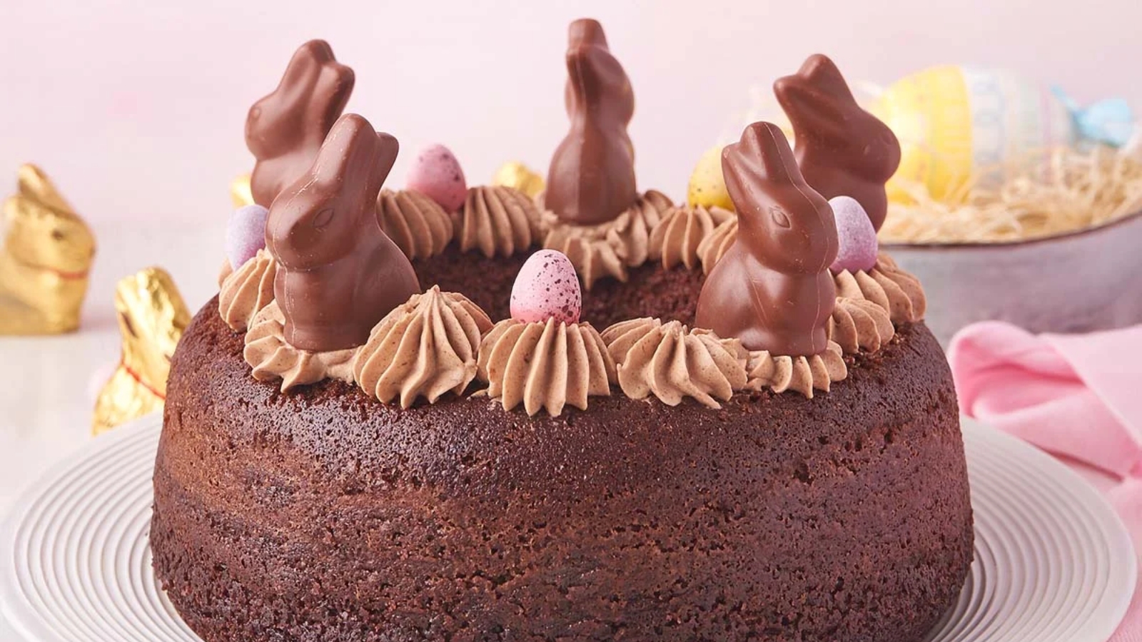 Chocolate Easter bundt cake with bunnies