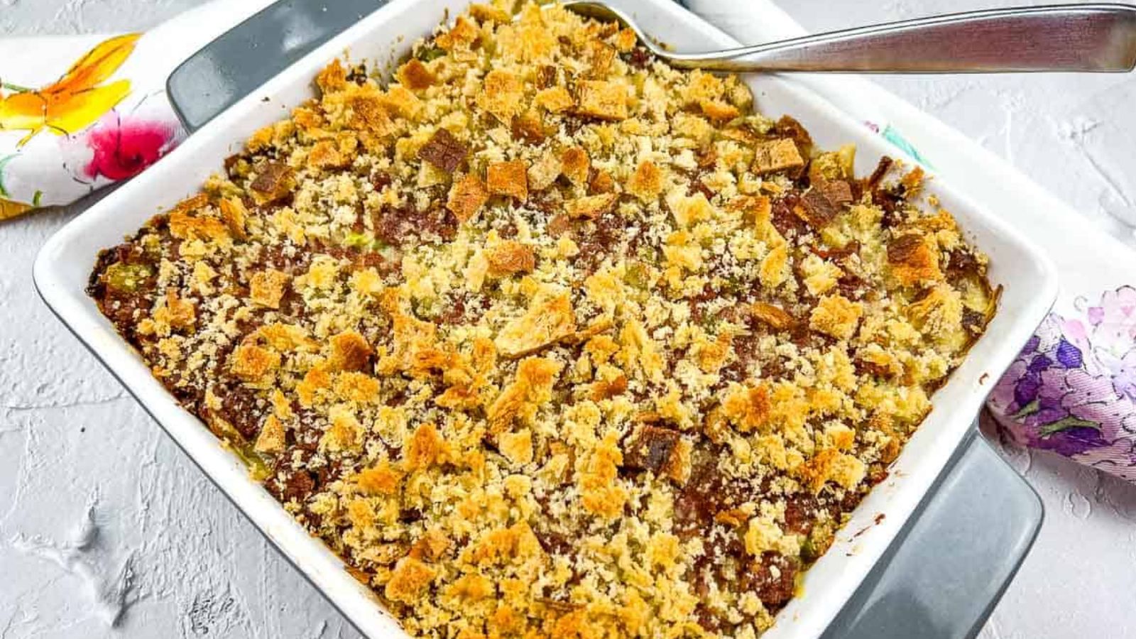 Corned Beef Hash Casserole in a square baking dish.