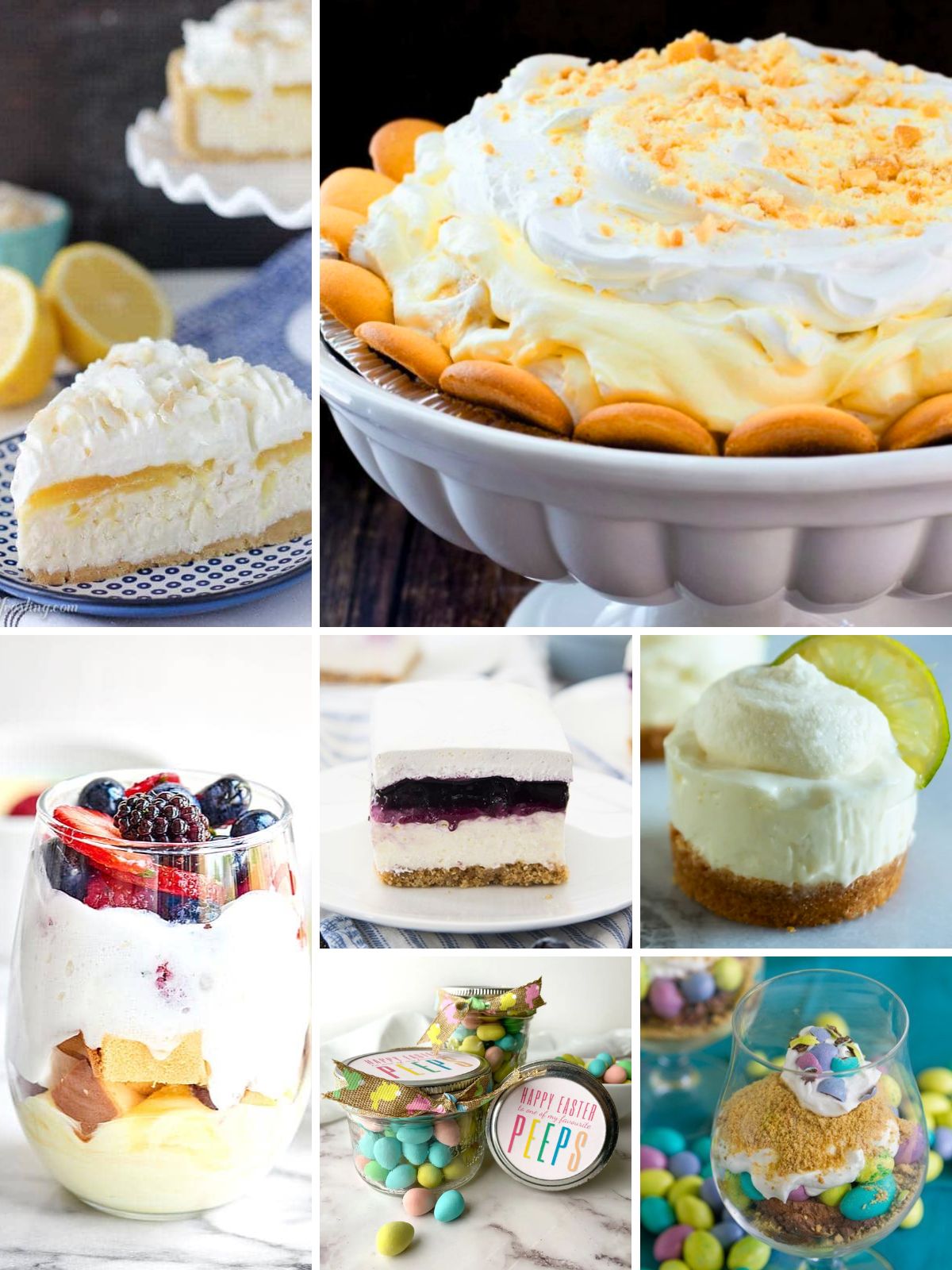 Easy no bake Easter desserts including kid-friendly treats, cheesecakes, and quick desserts with few ingredients
