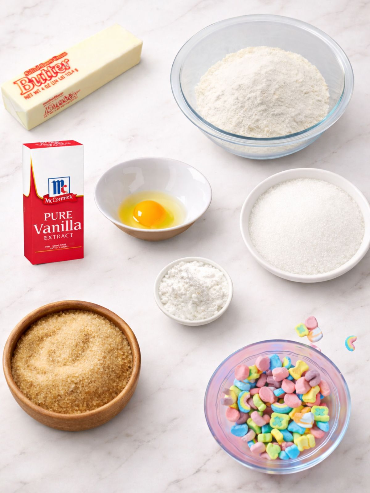 Ingredients for Magical Marshmallow Cookies including flour, butter, egg, vanilla extract, granulated sugar, brown sugar, baking soda, and marshmallows