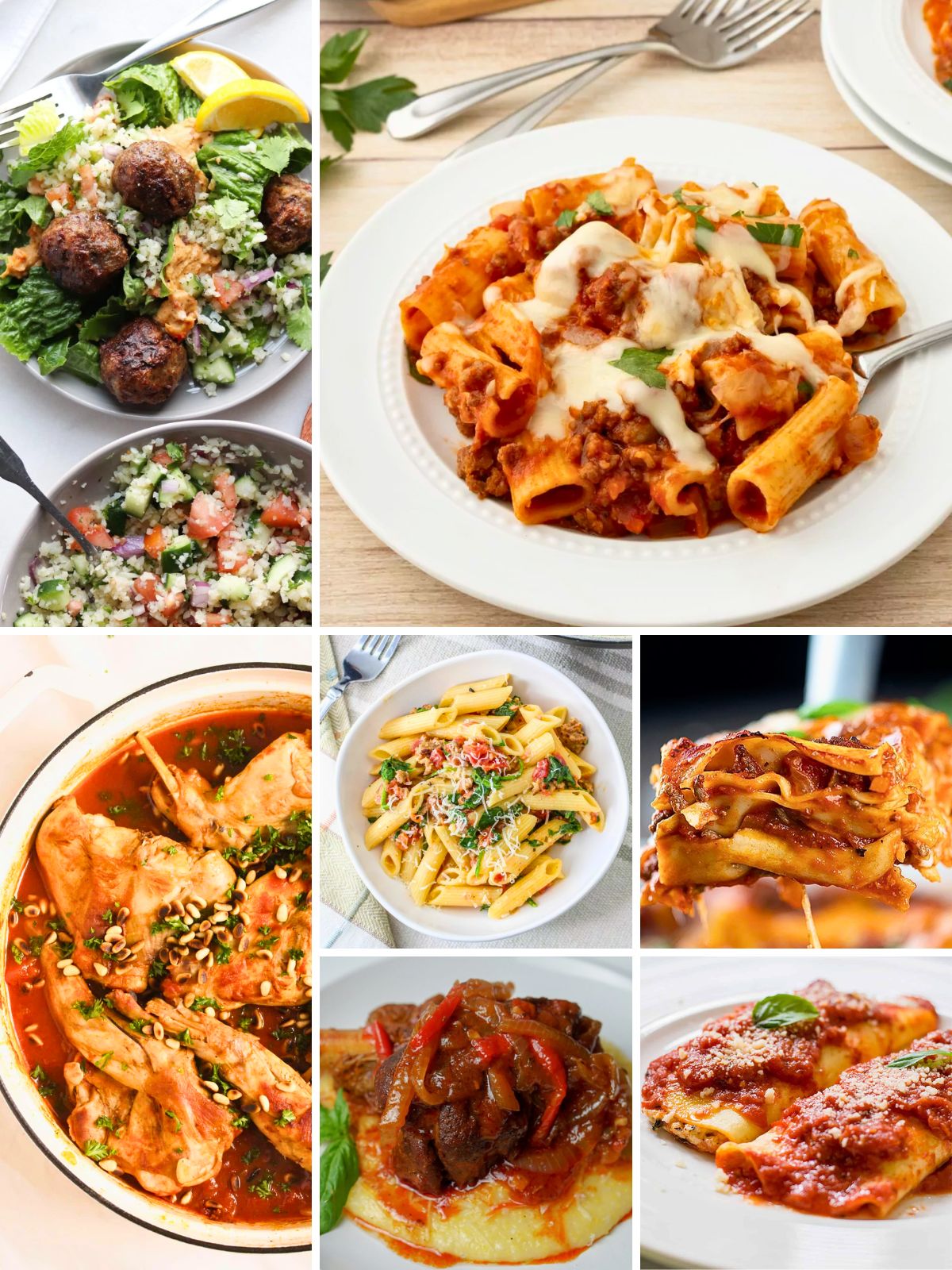 Italian Easter main dishes including lasagna, baked rigatoni, chicken parmesan, and lamb for a traditional Easter Sunday dinner