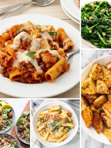 Italian Easter main and side dishes including lasagna, baked rigatoni, chicken parmesan, roasted potatoes, broccoli rabe, asparagus, for a traditional Easter Sunday dinner