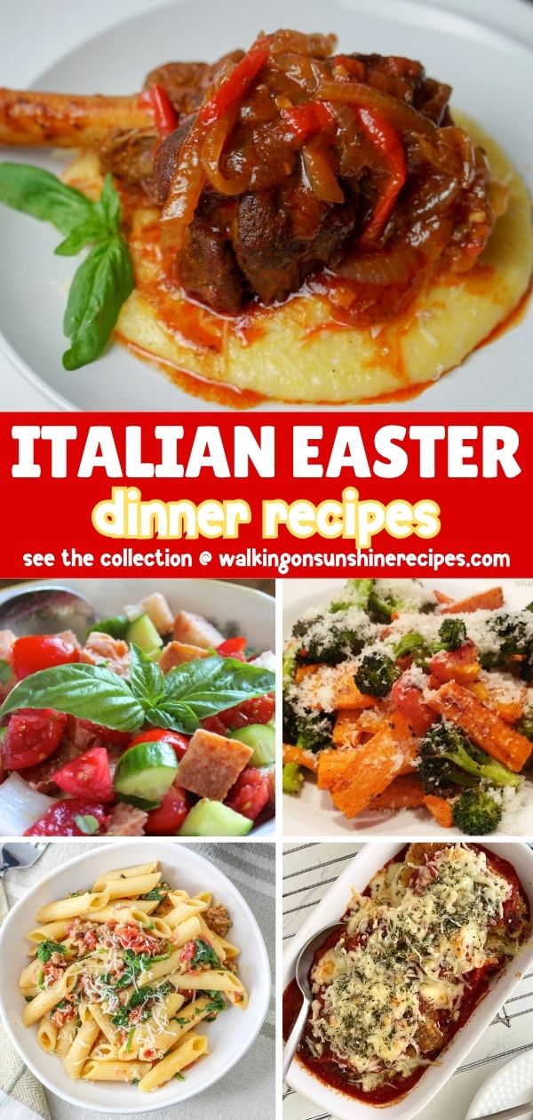 Italian Easter main and side dishes including lasagna, baked rigatoni, chicken parmesan, roasted potatoes, broccoli rabe, asparagus, for a traditional Easter Sunday dinner